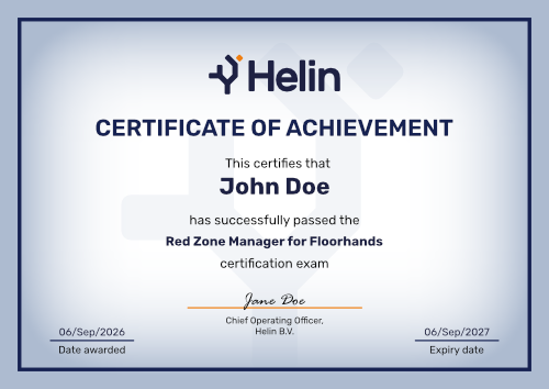 Sample Red Zone Manager for Floorhands certificate of achievement issued by Helin, with date awarded and one-year expiry date