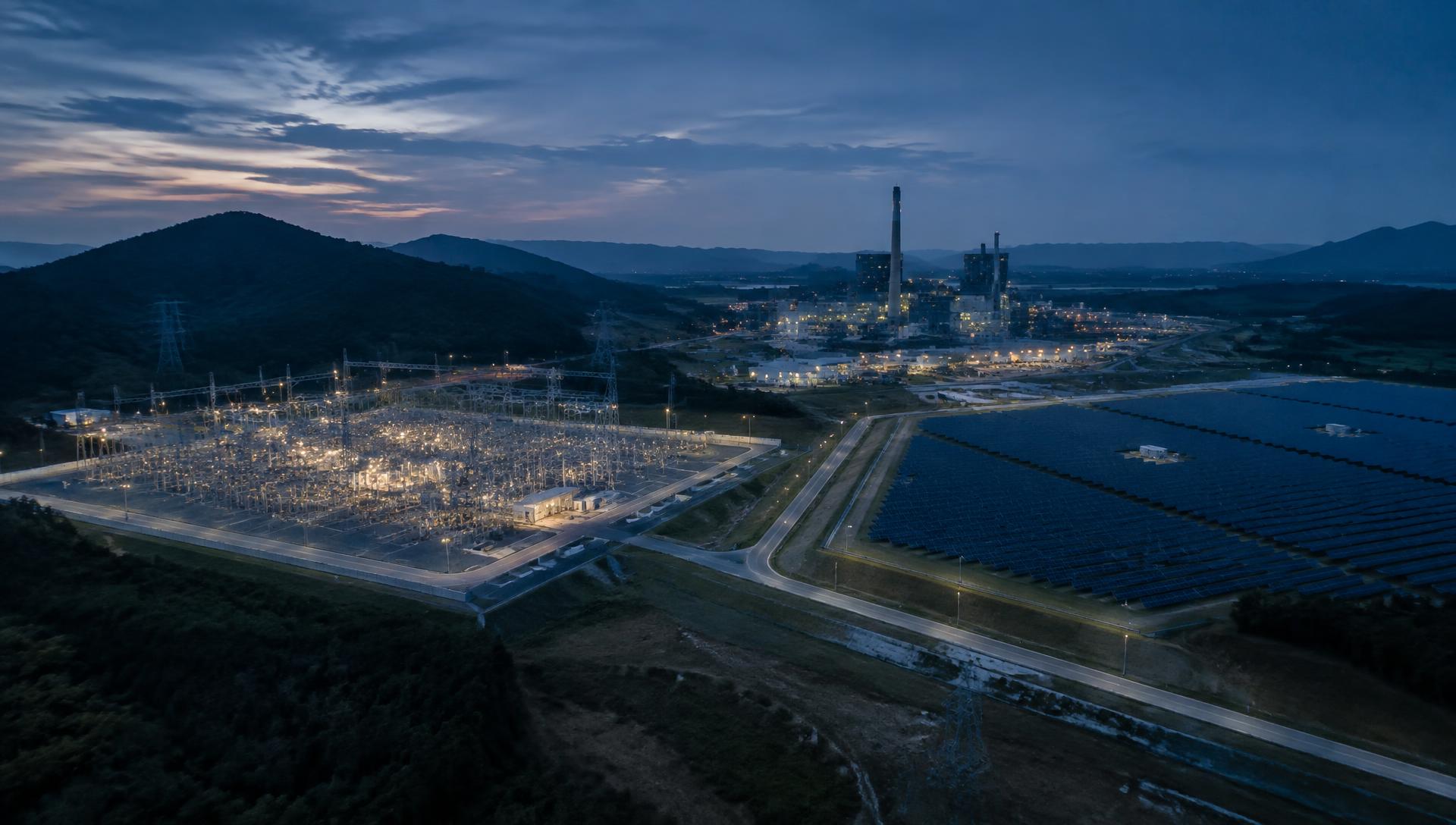 Aerial view of a substation, plant and solar field at dusk
