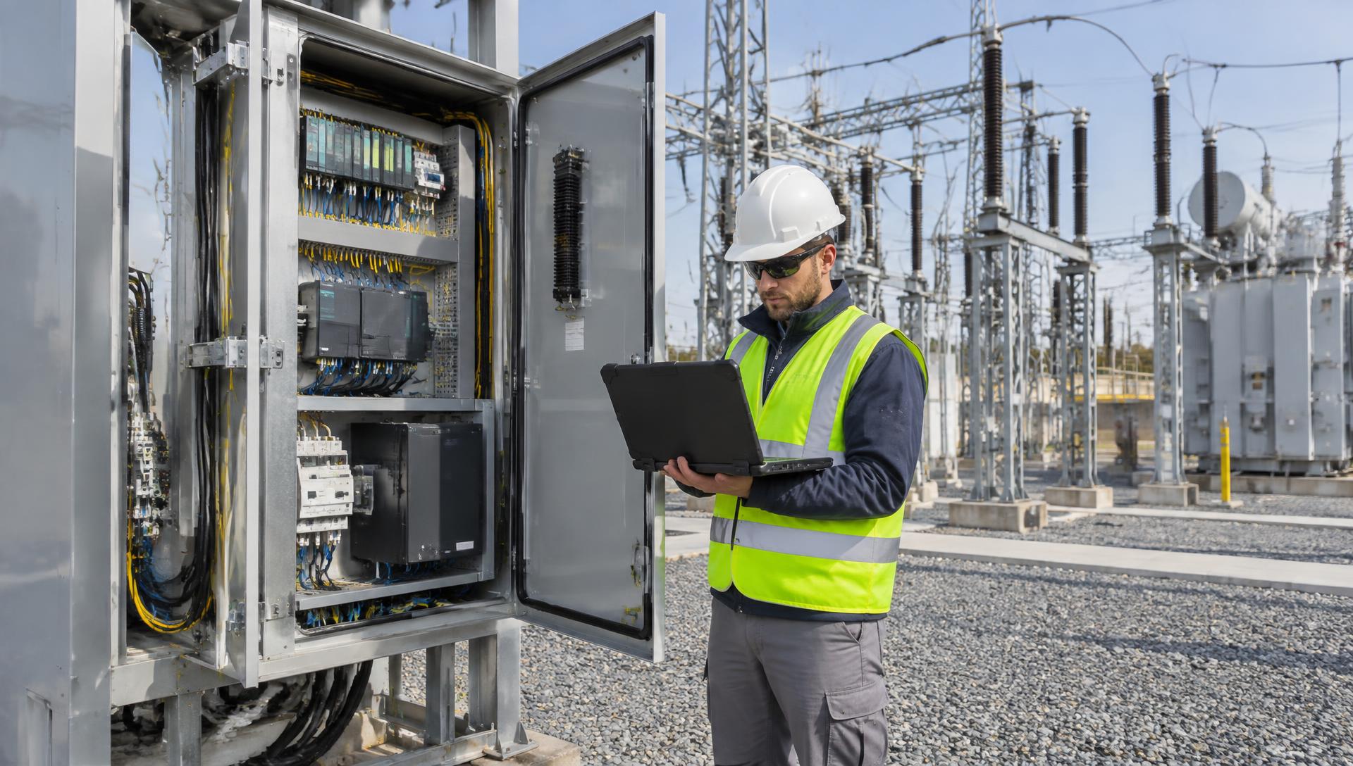 Field engineer working at an automation panel in a substation