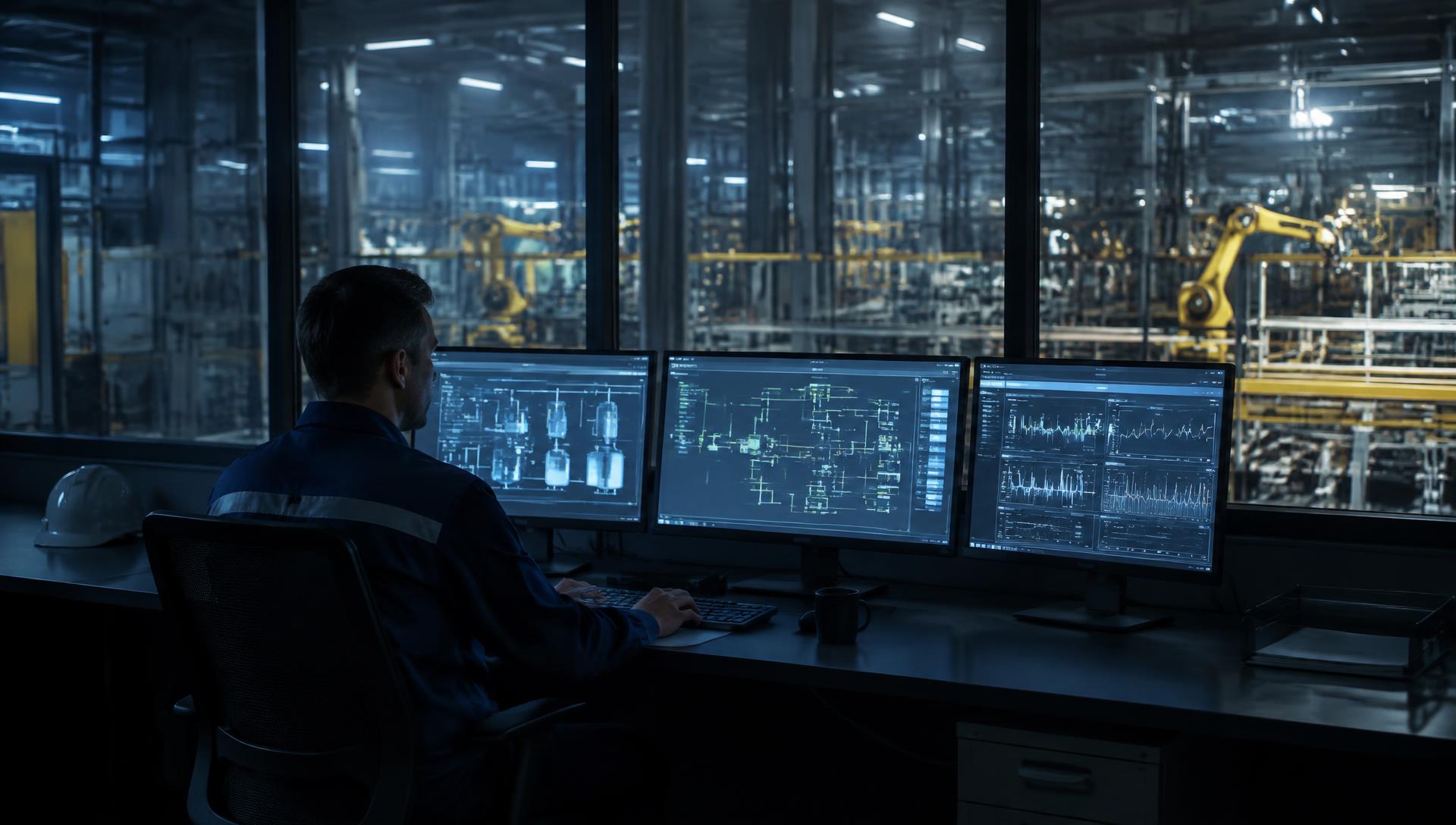 Engineer monitoring plant screens overlooking the factory floor
