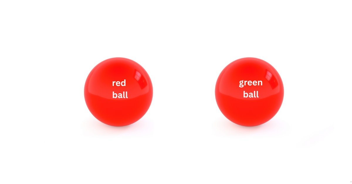 Two identical balls labelled red and green, illustrating contradictory training labels