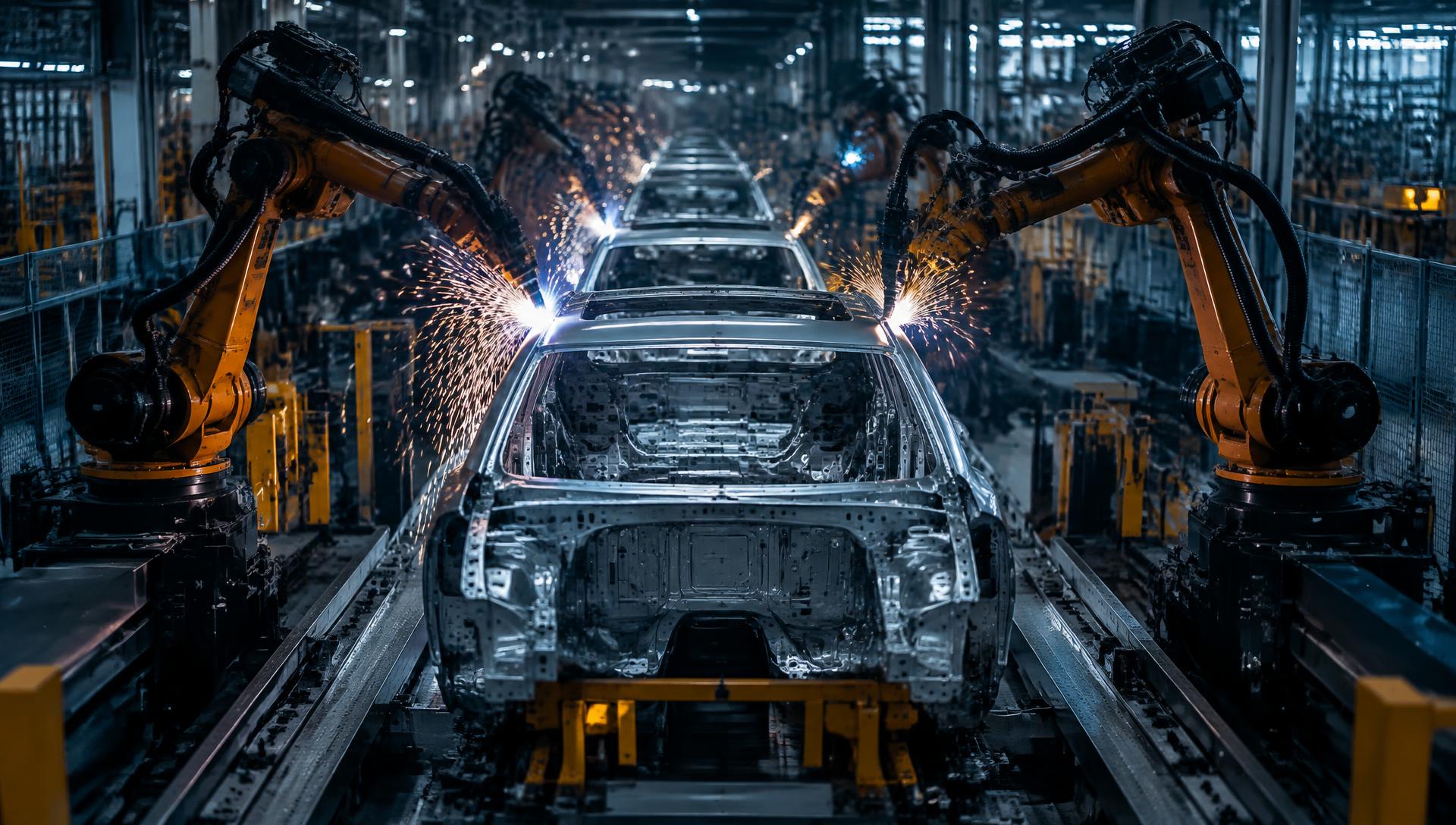 Robotic welding arms on an automotive assembly line