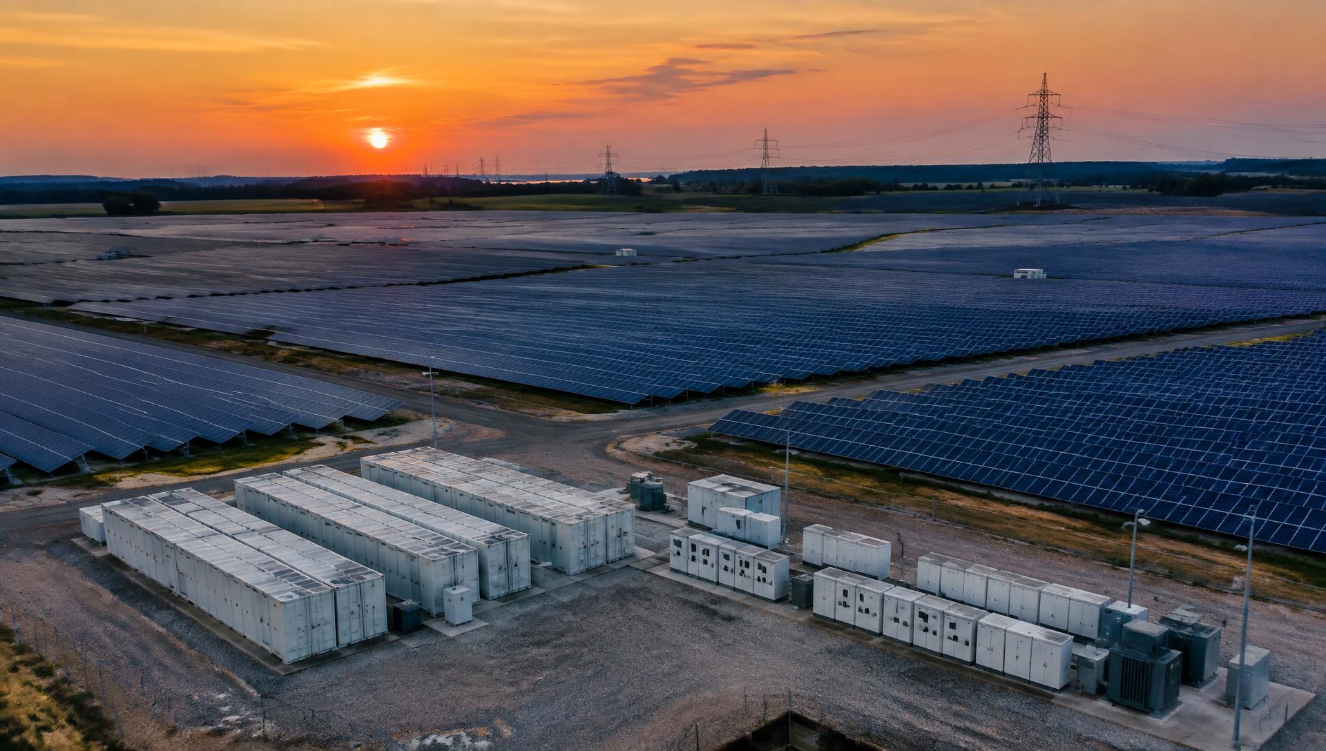 Solar farm with battery storage and inverter cabinets at dusk