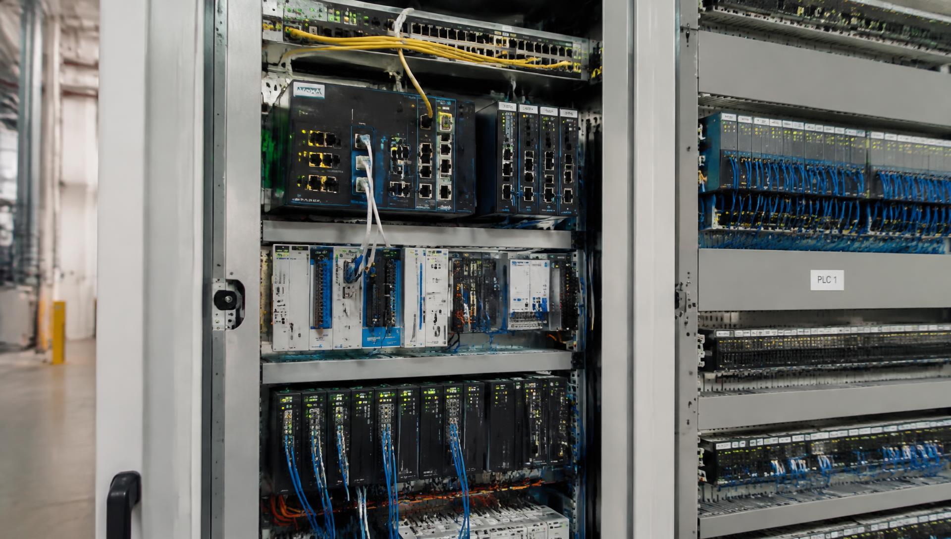 Industrial edge cabinet with network gateways beside PLC panels