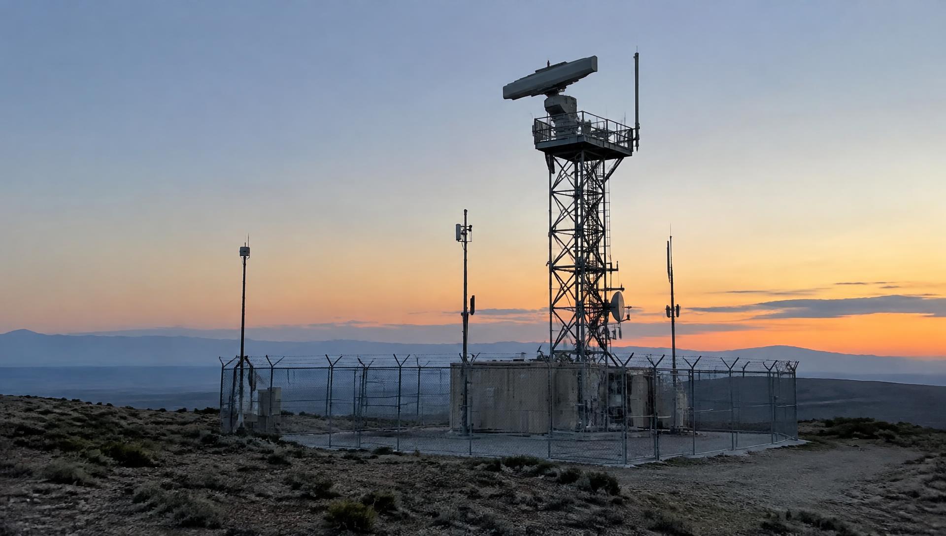 Radar mast and antennas at a fenced remote installation