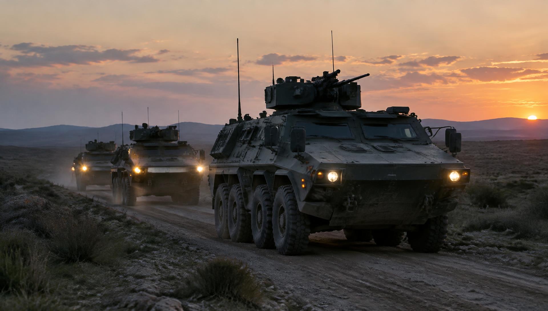 Armoured vehicle convoy on a remote track at dusk
