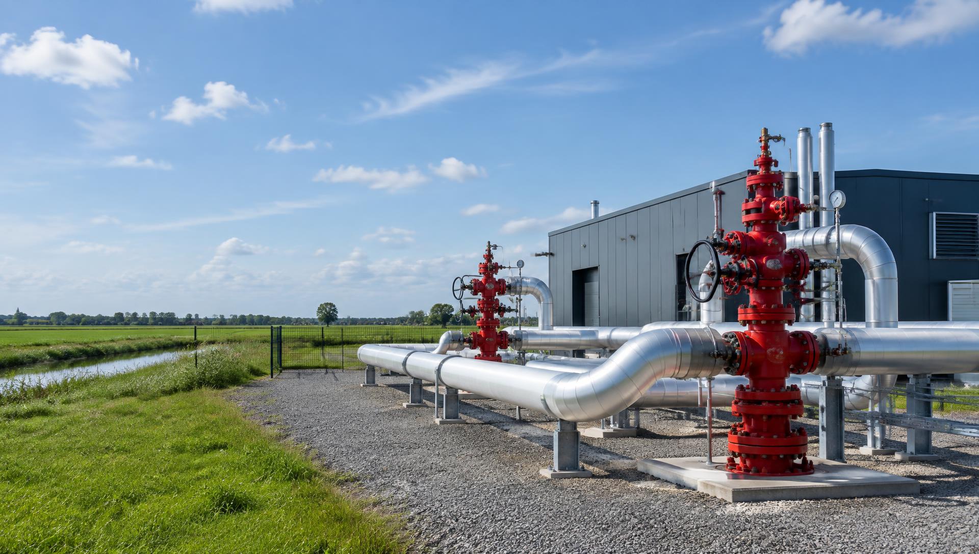 Illustrative geothermal wellheads and insulated heat network pipes in the Dutch countryside