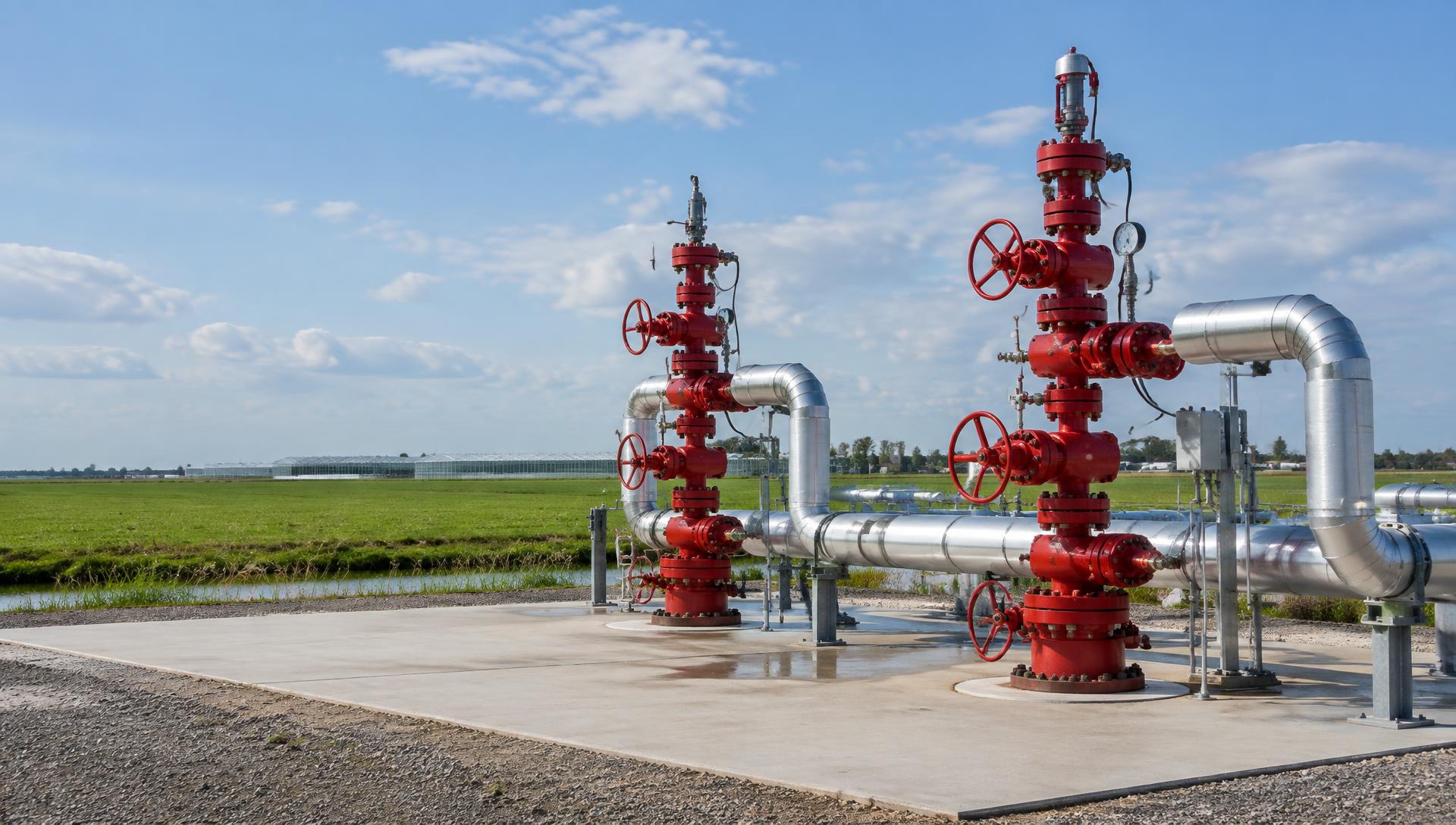 AI-generated illustration of geothermal doublet wellheads in the Dutch countryside