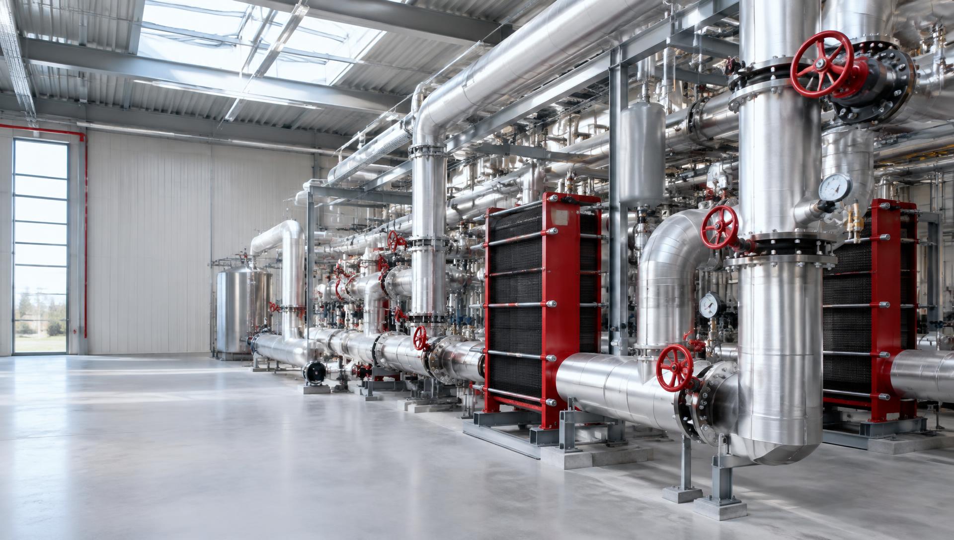 Industrial plant hall with instrumented pipework