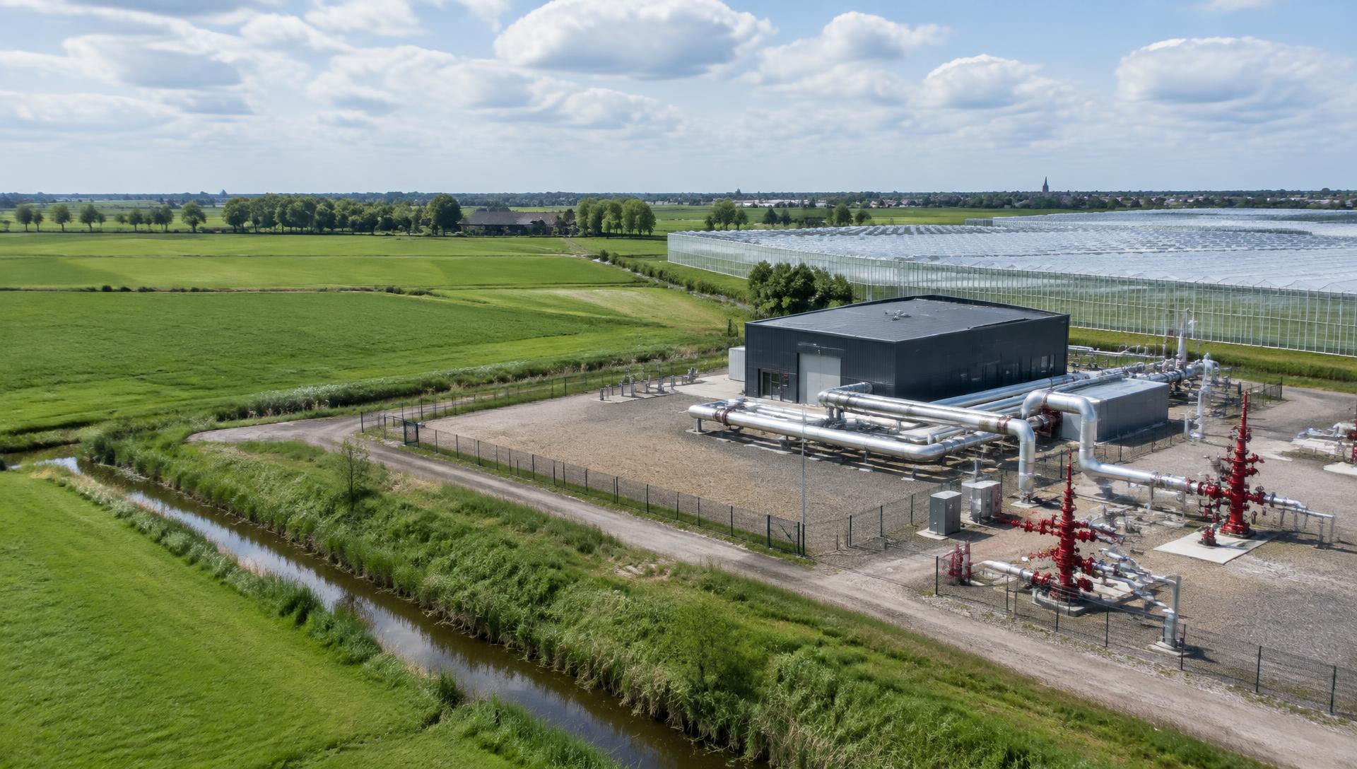 AI-generated illustration of a geothermal facility beside Dutch greenhouses and farmland