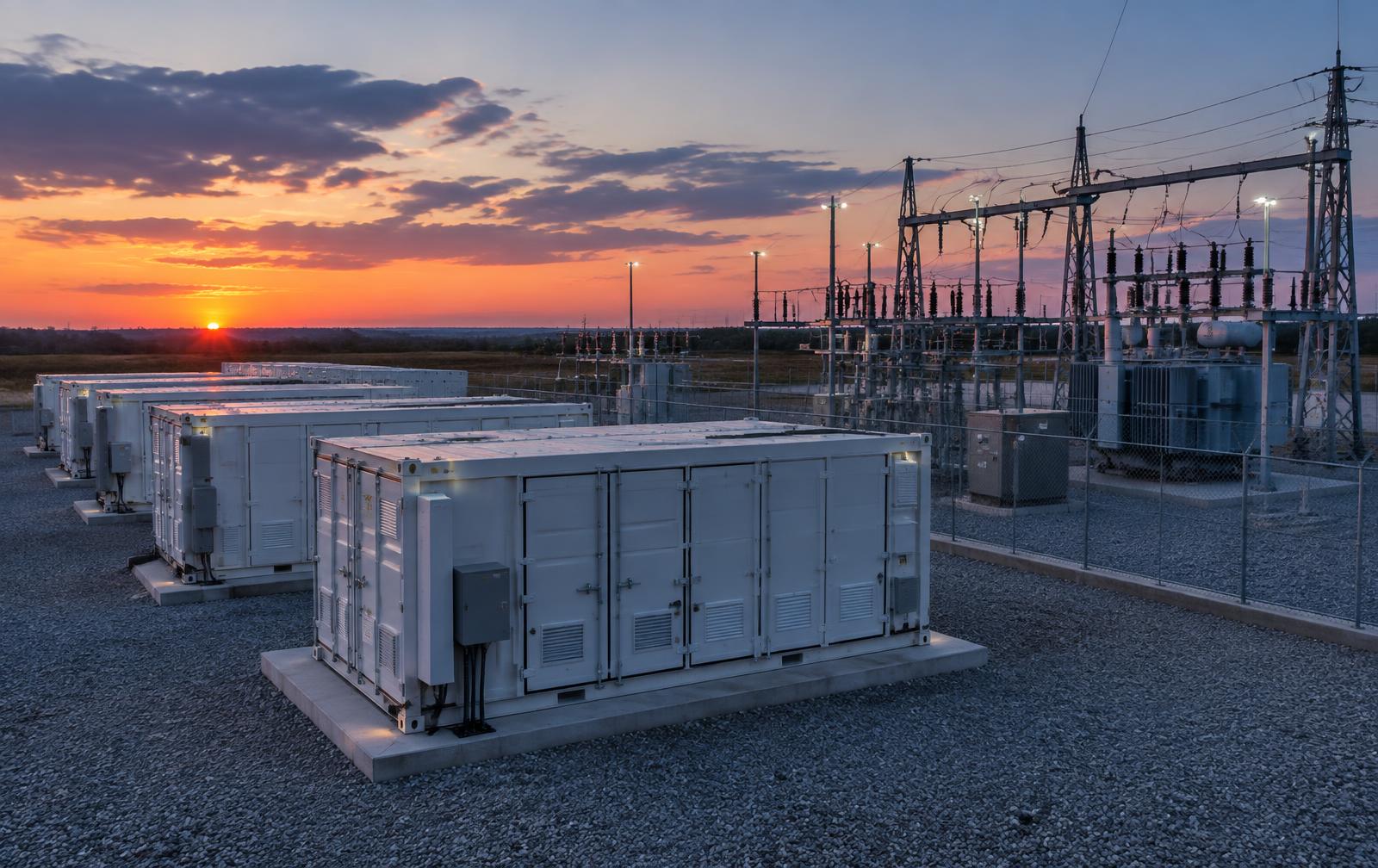 Grid-scale battery storage containers beside an electrical substation