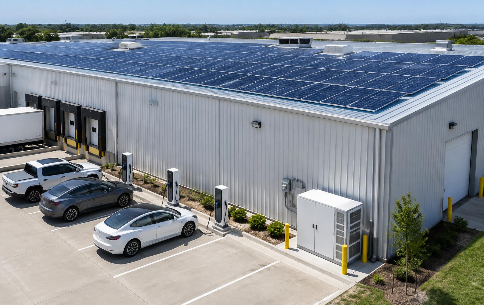 Rooftop solar, EV chargers and a battery cabinet at a commercial site