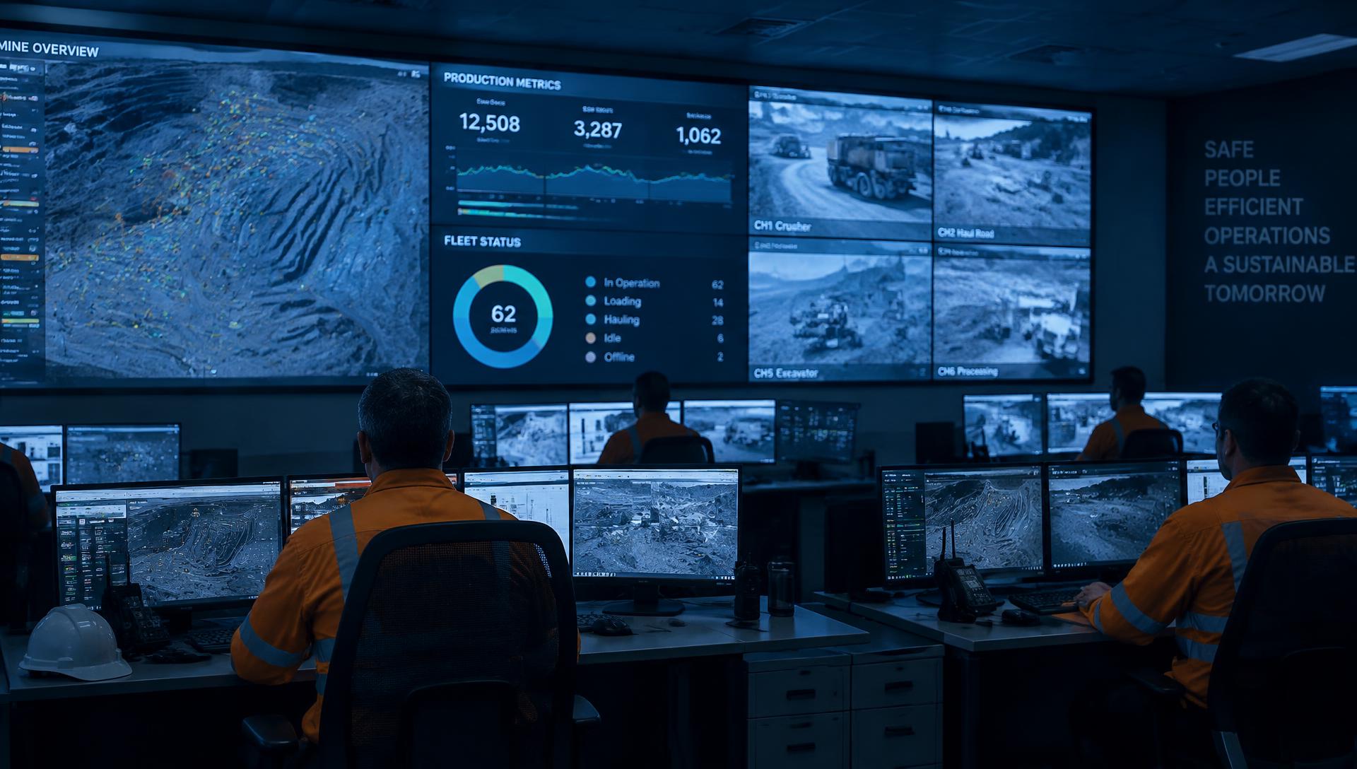 Operators monitoring mine telemetry screens in a control room