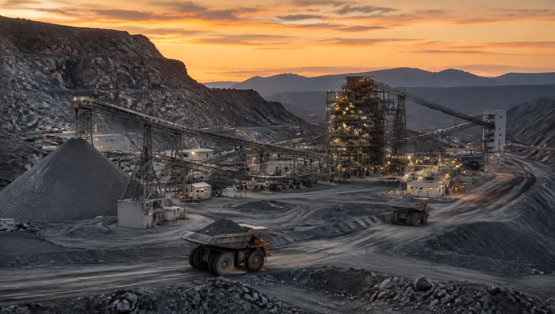 Remote mine processing plant and haul trucks at dusk