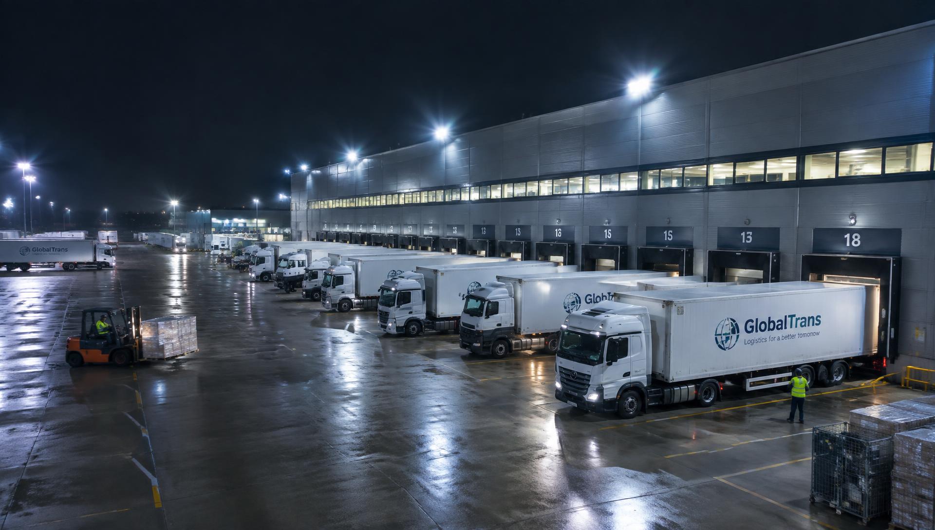 Trucks at loading docks in a logistics depot at night