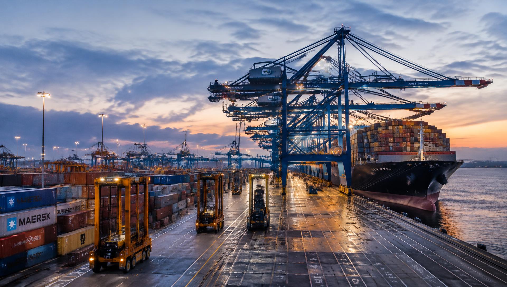 Container port terminal with ship-to-shore cranes at dusk